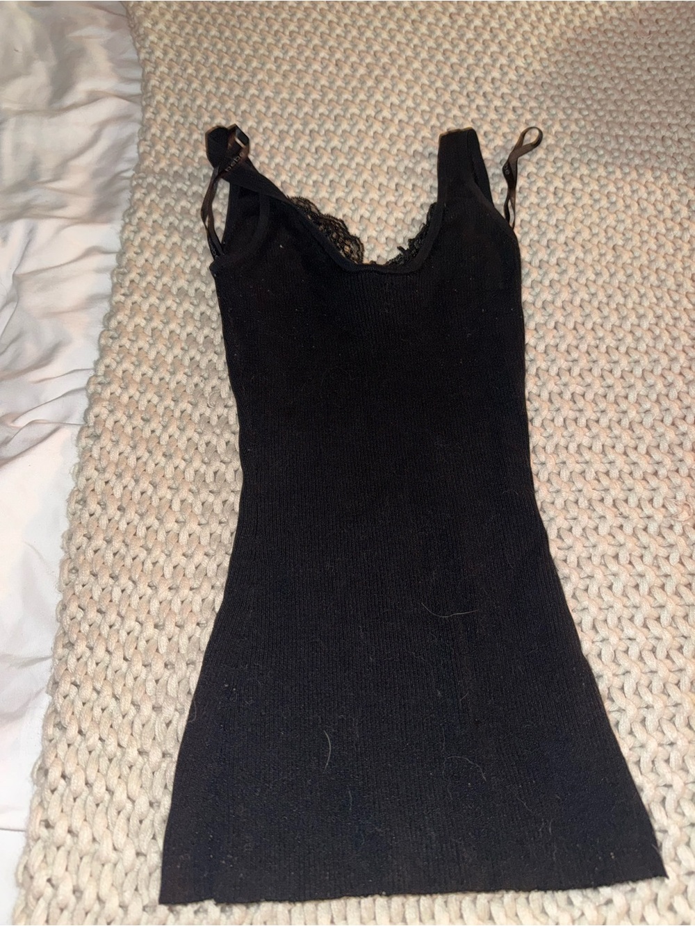 bebe Black Ribbed Lace-Trim Tank Top